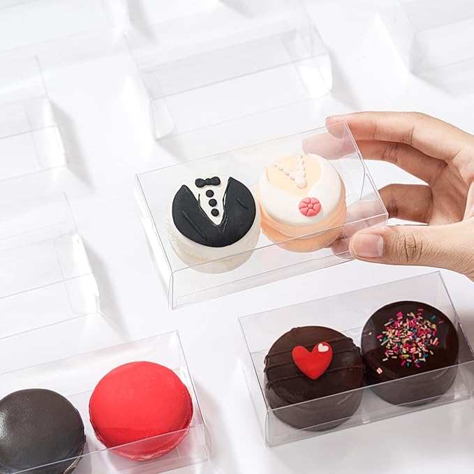 100 Pack Clear Macaron Boxes for 2 Small Plastic Chocolate Covered Ore Boxes 4.17 x 2.16 x 1.37 Inches for Wedding Bridal Shower Baby Shower Party Favors Small Bakery Boxes Pastry Treat Boxes