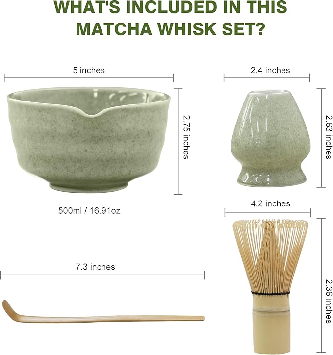 Matcha Whisk Set, Japanese Tea Set includes Matcha Bowl with Spout, Matcha Whisk and Holder, Bamboo Matcha Scoop - 4 Pcs Ceremonial Grade Matcha kit for Matcha Tea Lovers (Jade Green)