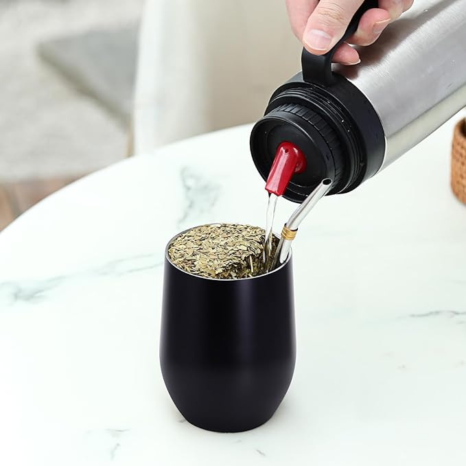 Yerba Mate Cup with Lid, 2 Bombillas, Cleaning Brush, 11.8oz Stainless Steel Double-Wall Insulated Gourd (Black)