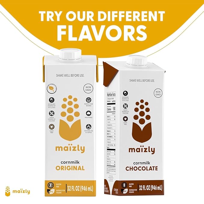 Maizly Original Corn Milk, Plant-Based Drink Made with Non-GMO Ingredients, Less Sugar, Gluten & Dairy-Free Alternative to Whole Milk, Non-Dairy Kosher Drink For Kids & Adults, 32 oz, Shelf Stable Pack of 6 Boxes