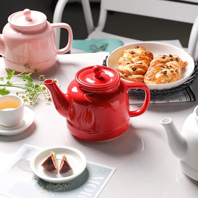 Sweejar 35 oz Porcelain Tea Pot, Teapot with Removable 18/8 Stainless Steel Infuser, Microwave & Dishwasher Safe Tea Maker, Tea Infuser Pots for Blooming loose Leaf Tea,Women Chrismas Women Gift (Red)