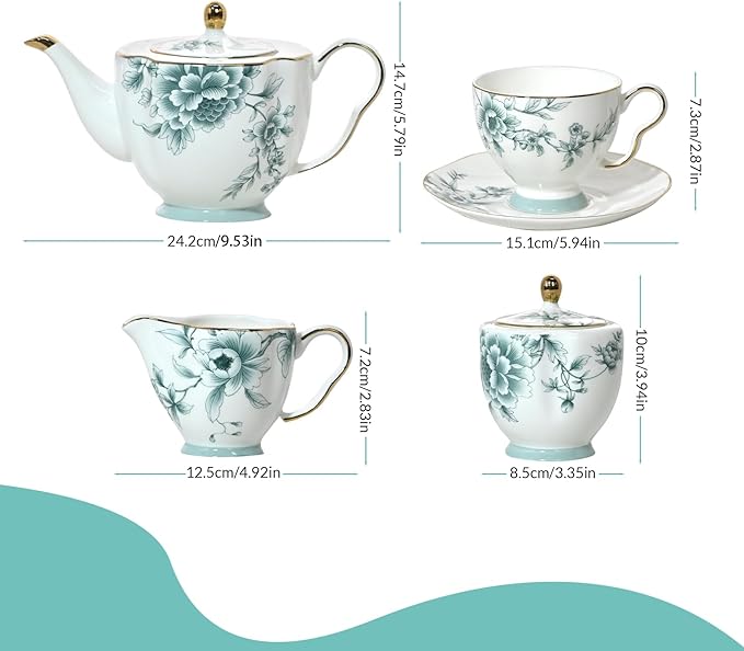 ACMLIFE Bone China Tea Cups and Saucers for 1, 6.8 oz Teacup Set for Adults, with Gold Trim and Gift Box, Blue and White Chinese English British Wedding Tea Set for One Coffee Cup Set (Blue-Leaf)