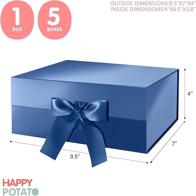 HAPPY POTATO 5 Gift Boxes with Ribbon 9x6.5x3.8 Inches, Blue Gift Boxes with Lids, Groomsmen Proposal Boxes, Magnetic Gift Boxes for Presents (Glossy Blue, Pack of 5)