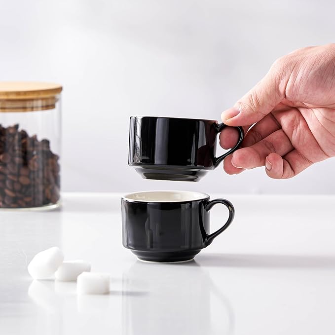 2.5 Ounce Porcelain Espresso Cups with Saucers and Silver Stand, Black Stackable Cups Set of 4