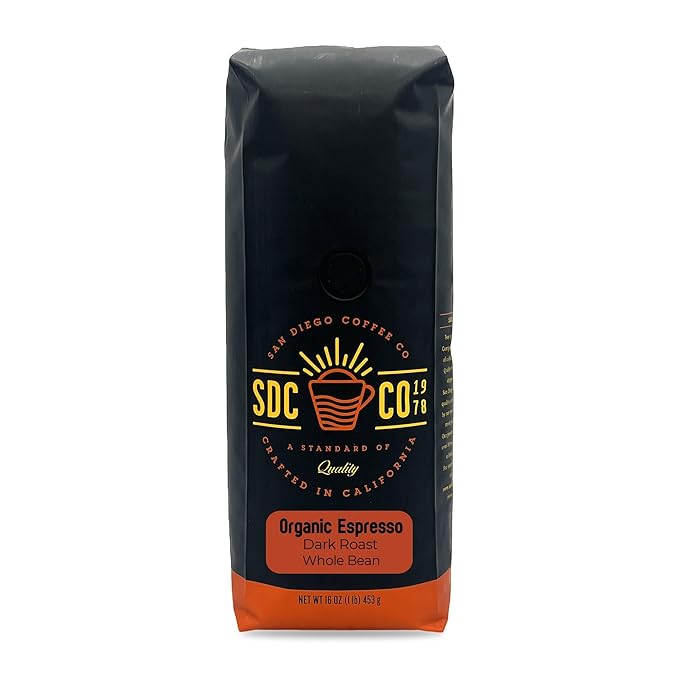 San Diego Coffee Organic Espresso, Dark Roast, Whole Bean Coffee, 16-Ounce Bag Café en grano tostado