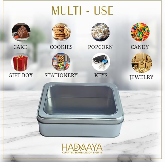 Pack of 12 Silver Rectangular Tin Container With Clear Lid, Multipurpose Tin Box, Festive Tin Box for Gift Giving, Cookies, Stationery & More - 7.25 x 5.25 x 2.25 Inches