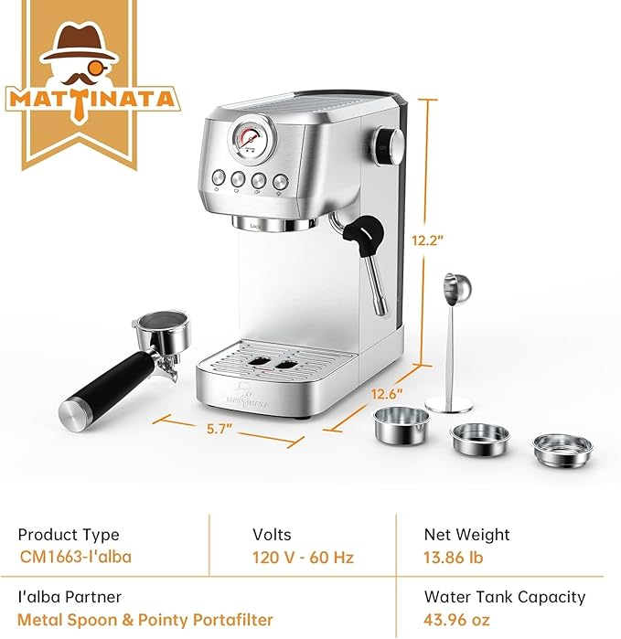 Espresso Machine 20 Bar, Espresso Coffee Maker with Professional Milk Frother Steam Wand for Cappuccino & Latte, 49oz Removable Water Tank for Home, Stainless Steel