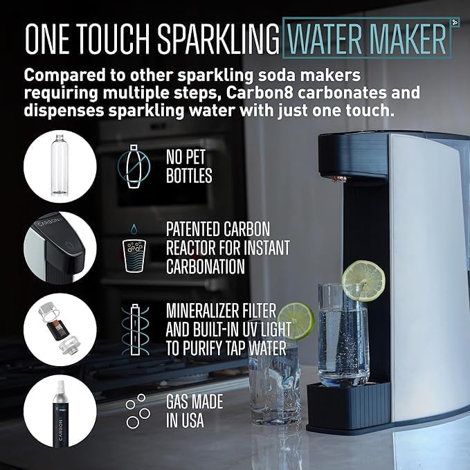 Carbon8 Sparkling Water Maker Machine, Home Soda Stream Machine, Screw-In CO2 Carbonator, Countertop Water Mineralizer, Seltzer Soda Maker Dispenser, CO2 Cylinder Included, White