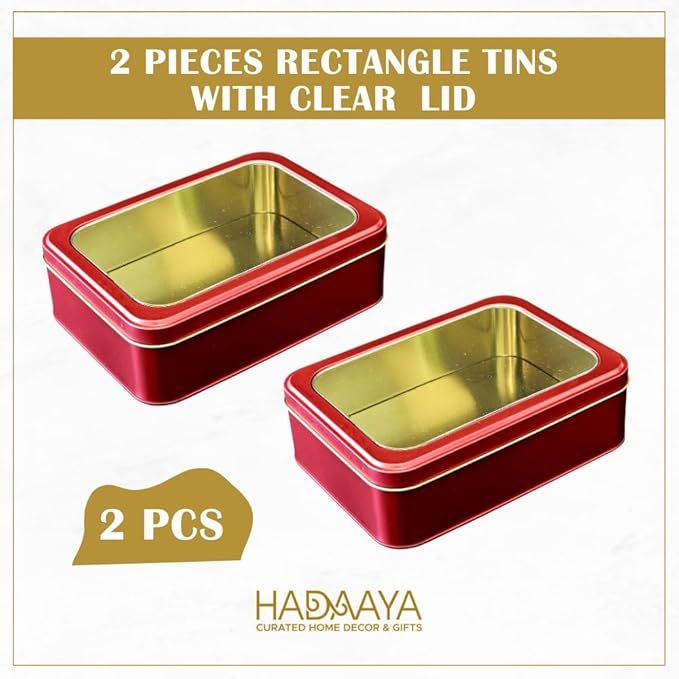 Pack of 2 Red Rectangular Metal Tin with Clear Lid – Gift Box for Cookies, Candy, Crafts & Storage – Ideal for Gifting, Home Decor & Party Favors