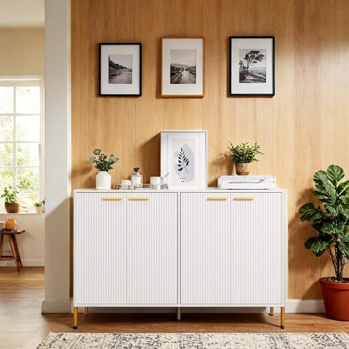 White Fluted Sideboard Cabinet - Luxury Buffet Table with 4 Doors, Large Coffee Bar Station for Living Room, Kitchen, Hallway, Entryway Storage