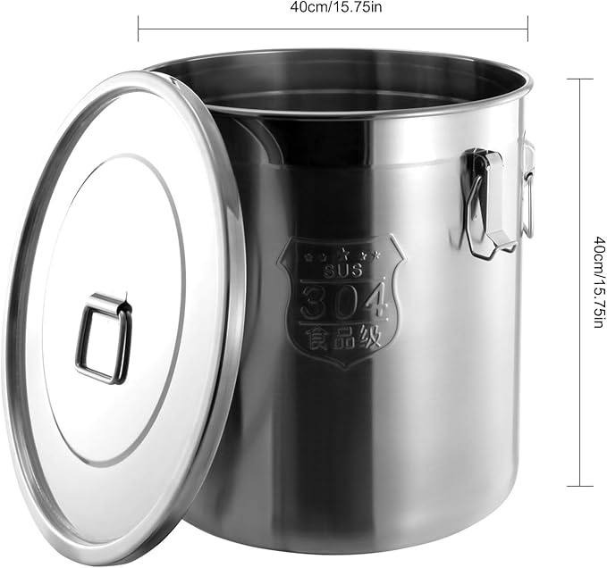 PERFERATE 304 Stainless Steel Airtight Canister 6L/12L Food Storage Bucket with Lids and Sturdy Locking Clamp Metal Cereal Rice Storage Container for Flour, Coffee Bean, Sugar, Cookie (48L)