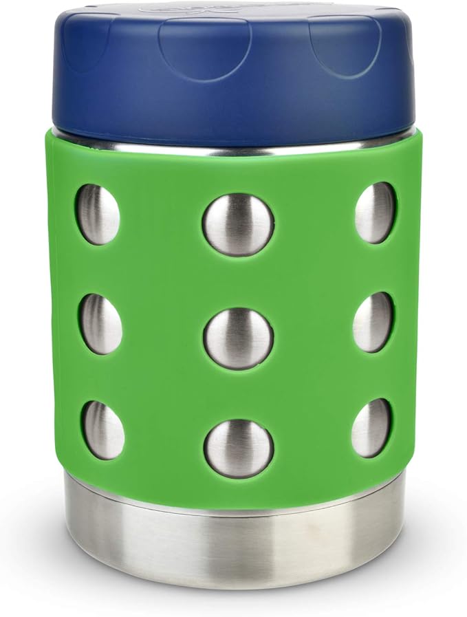 LunchBots Thermal 12 oz Triple Insulated Thermos - Hot 6 Hours or Cold 12 Hours - Leak Proof Thermos Soup Jar - All Stainless Interior - Navy Lid - Green Dots