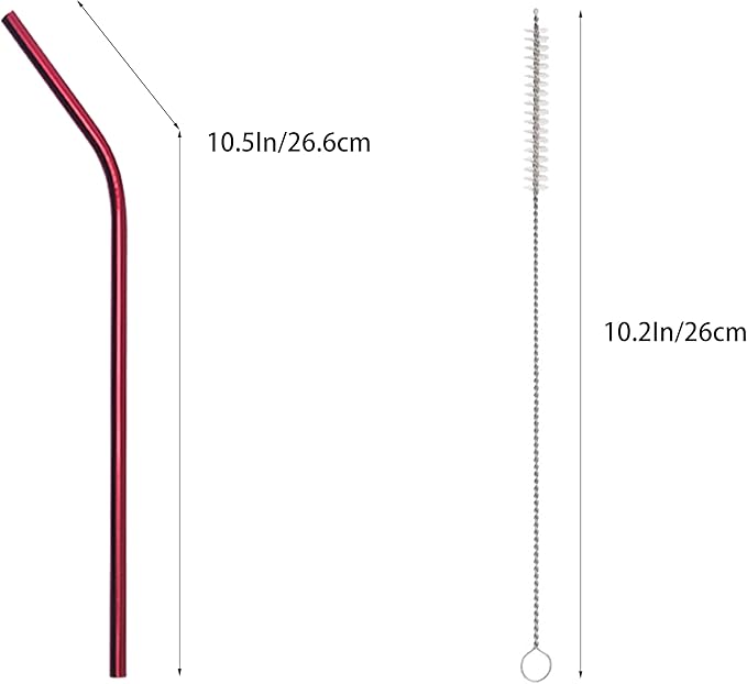 10 Pcs Stainless Steel Straws, Reusable Drinking Straws, Bent Metal Straw Sets with 2 Pcs Cleaning Brushes (Red, 10.5 Inch)