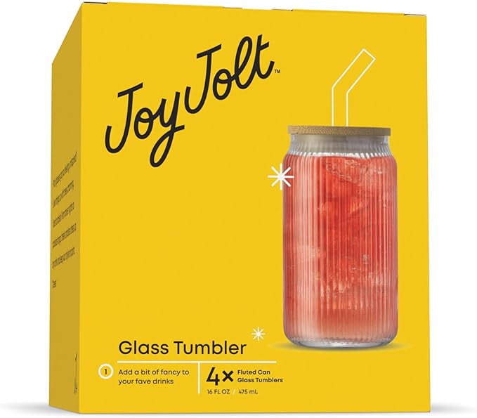 JoyJolt Fluted Glass Tumblers with Bamboo Lids and Glass Straws, Ribbed Can Shaped Drinking Glasses Set of 4, 16oz Cup with Lids and Straws, Iced Coffee Cups, Cocktail/Beer Glasses, Tea Cups