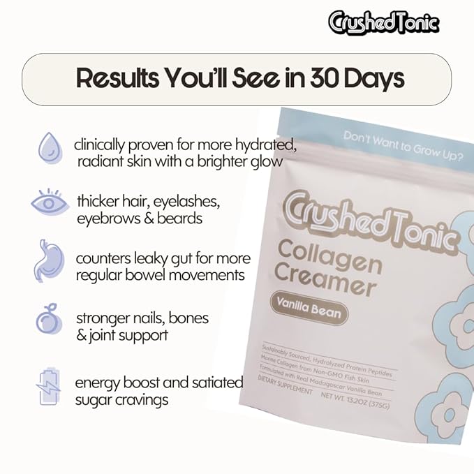 Crushed Tonic Vanilla Bean Collagen Creamer - Hydrolyzed for Skin, Hair & Health - Hair & Nail Care - Clinically Proven - Halal & Kosher Protein Peptides - Coffee Creamer, Matcha, Tea - Korean Beauty