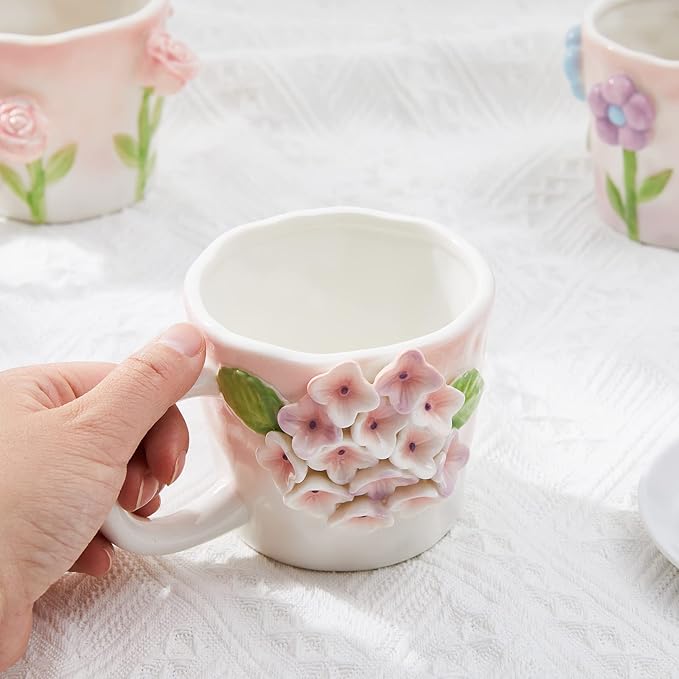 3D Flower Coffee Mug Pink Rose Ceramic Cup,12 oz Cute Handmade Mugs,Christmas Birthday Surprise for Friends Family or Flower Lovers (Pink Rose)