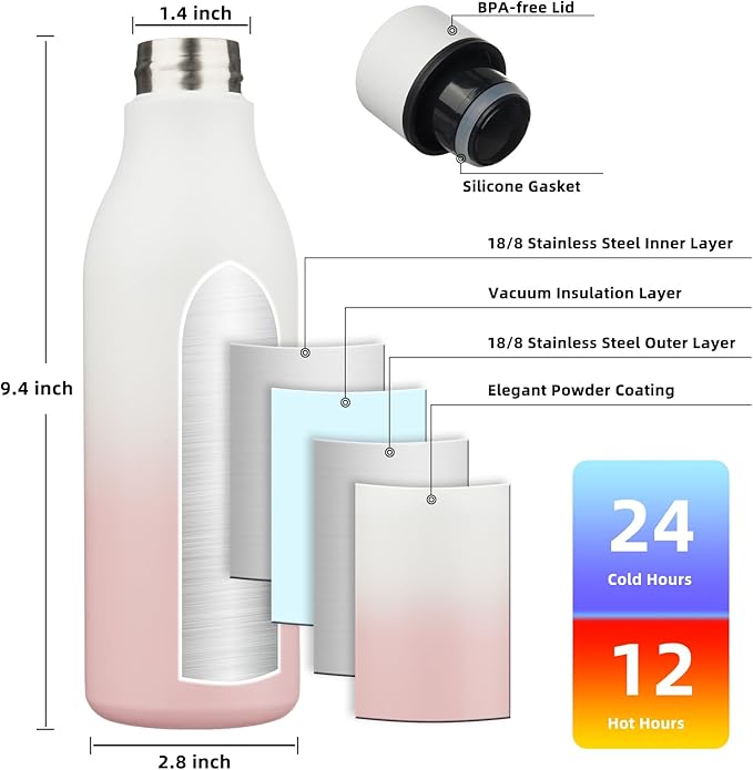 BJPKPK Insulated Water Bottles, 18 oz Stainless Steel Metal Water Bottle with Strap, BPA Free Leak Proof Thermos, Mugs, Flasks, Reusable Water Bottle for Sports & Travel, Graceful Pink