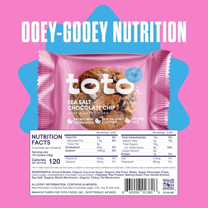 Toto's Sea Salt Chocolate Chip Vegan Cookies: Gluten-Free High-Fiber Cookie with Plant-Based Protein, Superfoods, and Adaptogens - 10X Individually Wrapped Cookies