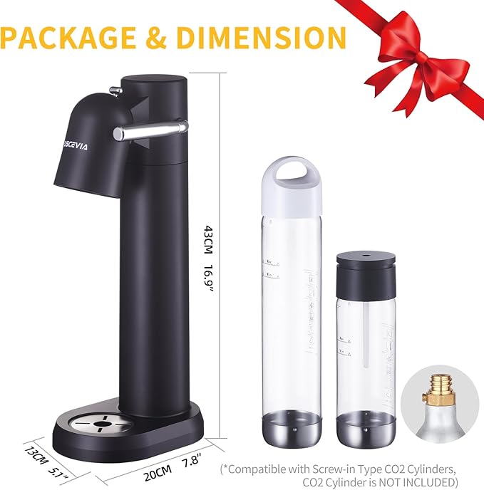 Sparkling Water Machine Soda Maker Beverage Drink Dispenser for Home, Soda Streaming Maker with BPA Free Bottles(1L+0.5L), Seltzer Fizzy Maker Compatible with Screw-in 60L CO2 (NOT Included), Black