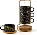 LUKA Porcelain Espresso Cup with Metal Stand, 6 Ounce Stackable Ceramic Demitasse Espresso Mugs Cappuccino Cups Set for Latte,Coffee,Cafe Mocha,Tea(Set of 4,Black)