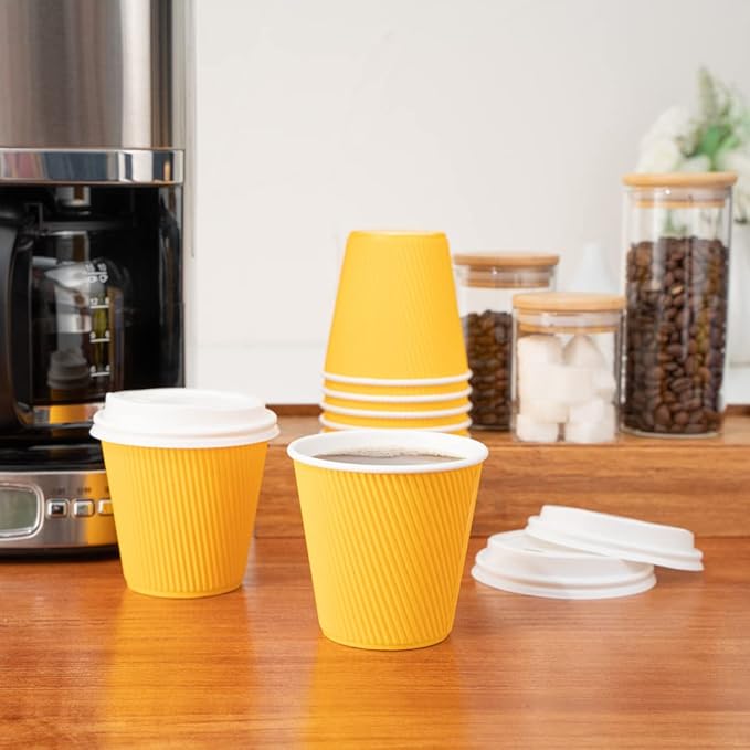 Restaurantware 8 Ounce Double Wall Disposable Coffee Cups, 500 Insulated Yellow Paper Tumblers with Ripple Wall Design, Lids Sold Separately for Hot Drinks like Tea, Hot Chocolate and More