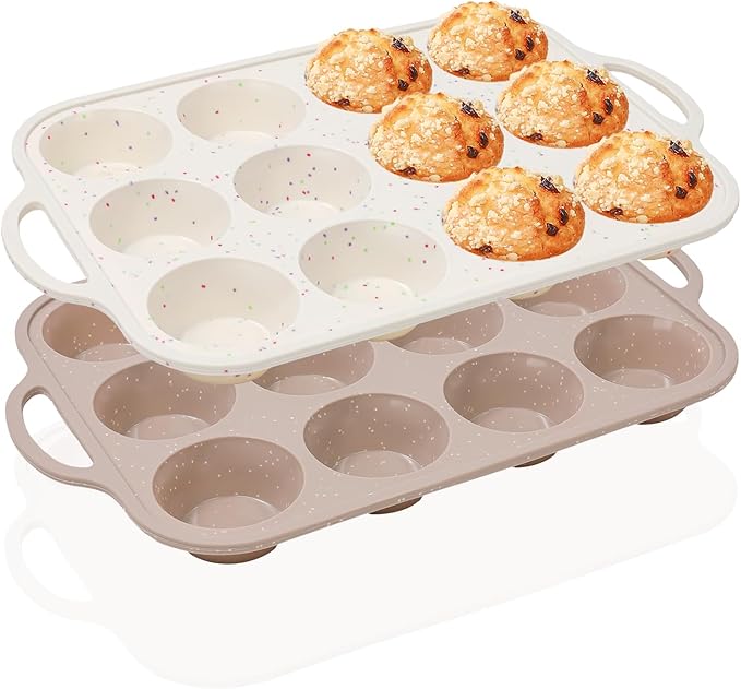 Vinino 2Pack Silicone Muffin Pans for Baking with Metal Reinforced Frame, 12 Cups Regular Size Nonstick Silicone Cupcake Pan, BPA Free Oven Dishwasher Safe Baking Mold for Muffins Cupcakes