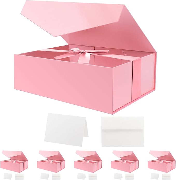 HAPPY POTATO 6 Large Gift Boxes with Lid and Ribbon 11.5x8.1x3.8 Inches, Bridesmaid Proposal Boxes, Magnetic Gift Boxes for Presents (Glossy Pink, Pack of 6)