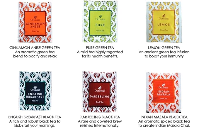 Octavius Tea Variety Pack | 6 Assorted Black & Green Tea Flavors | 25 Teabags | Tea Sampler Pack | Pack of 4 | 100 Teabags | Premium Indian Tea Gift Set