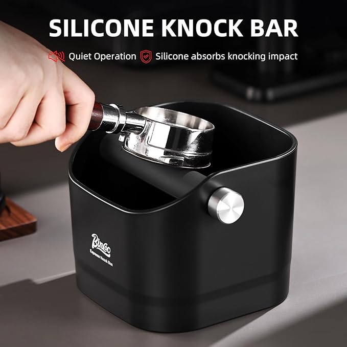 Espresso Knock Box - Bincoo Black Espresso Machine Knock Box/Espresso Grounds Knock Box, Barista Style Coffee Knock Box for Grounds with Removable Shock-Absorbent Knock Bar and Anti-Slip Base. (Black)