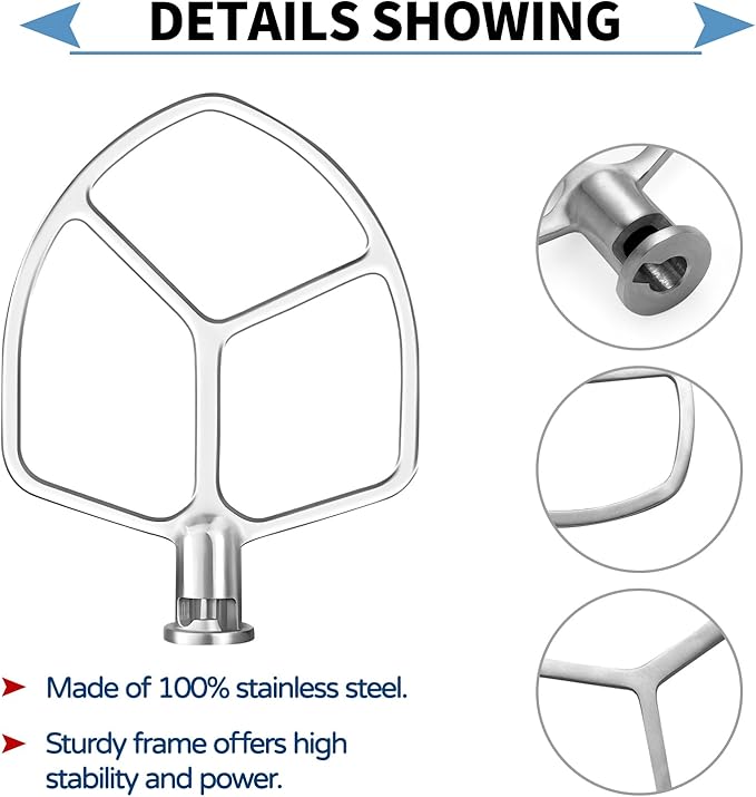 Stainless Steel Paddle Attachment Rust-Resistant Compatible with KitchenAid 5-6QT Mixer, Bowl Lift Stand Mixer Attachment for Quick Kneading of Bread, Pasta, Cookies, Pizza, Etc. Dishwasher Safe