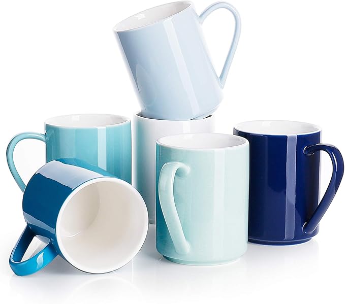 Sweese Coffee Mug, Porcelain 11 Oz Coffee Mugs Set of 6, Ceramic Coffee Cups with Handle for Coffee, Tea, Cocoa and Mulled Drinks - Multicolor, Cool Assorted Colors