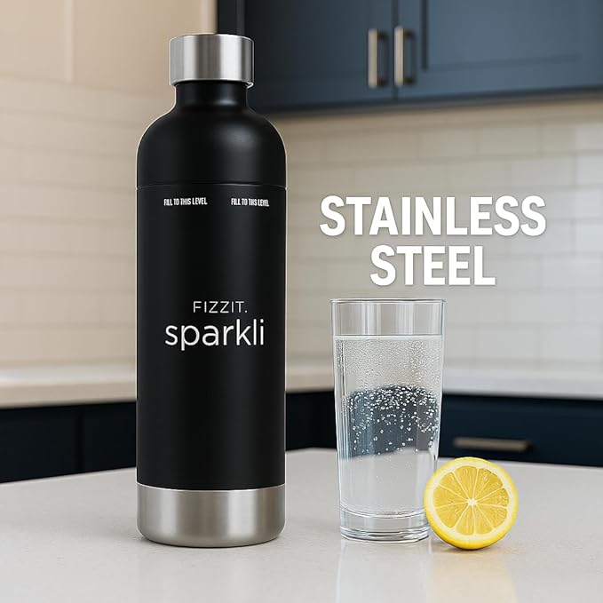 Stainless Steel Black Sparkling Water and Soda Maker Machine with 3 Black Stainless Steel 1L Re-Usable Bottle