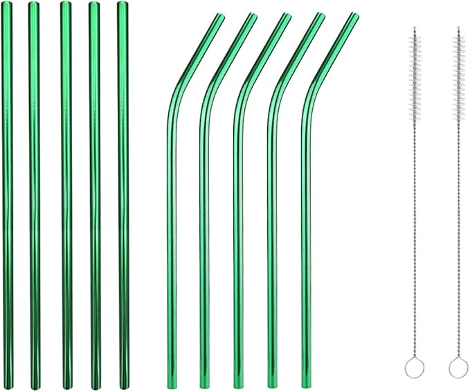 10 Pcs Stainless Steel Straws, Reusable Drinking Straws, 5 Straight + 5 Bent Metal Straws Set With 2 Pcs Cleaning Brushes (Green, 10.5 Inch)