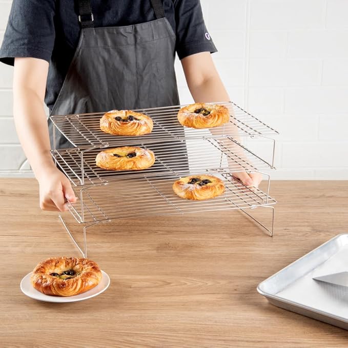 Restaurantware Met Lux 15.7 x 9.8 x 8.3 Inch Wire Baking Rack Set 1 Dishwashable Oven Wire Rack Set - 3-Tier Design Oven-Ready Up To 575F Stainless Steel Cooling Rack Set With Collapsible Feet