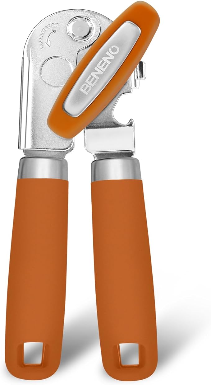 Beneno Can Opener Manual with Magnet, Hand Held Heavy Duty Can Opener with Durable Sharp Blade Smooth Edge, Big Effort-Saving Knob, Soft Grip Rubber Handle, Multifunctional Bottle Opener, Orange