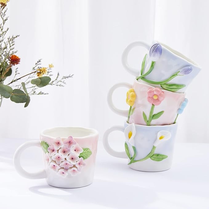 3D Flower Coffee Mug Pink Rose Ceramic Cup,12 oz Cute Handmade Mugs,Christmas Birthday Surprise for Friends Family or Flower Lovers (Pink Rose)
