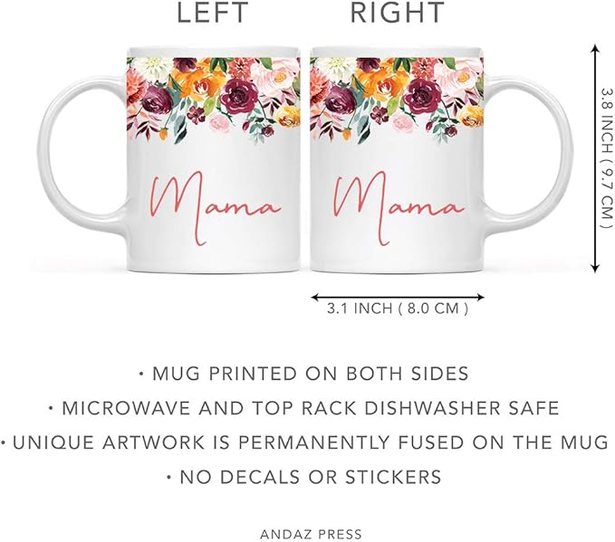 Andaz Press 11oz. Mother's Day Ceramic Coffee Tea Mug Gift, Fall Autumn Burgundy Orange Peach Flowers Roses Florals, Mama, 1-Pack