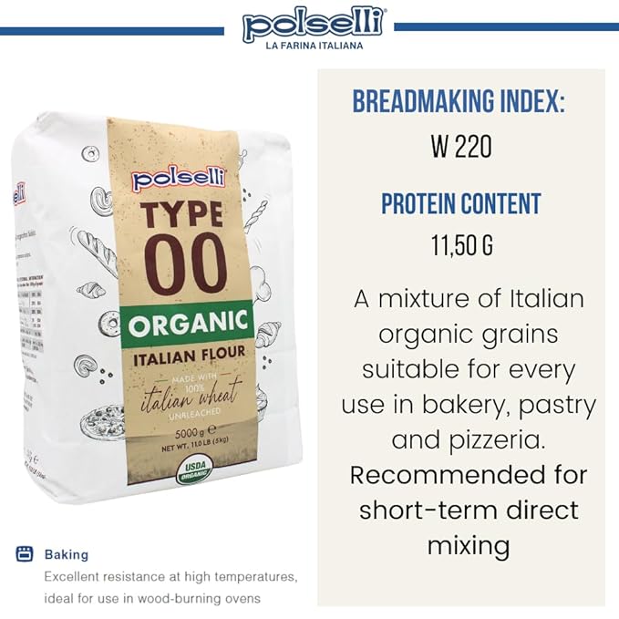 POLSELLI Organic Flour, Type 00, 100% Italian Grain, Double Zero Flour, OO Extra Fine, 5 kg, 11 lbs, BIO, Neapolitan Italian Pizza, Bread, Pasta, All Natural, Unbleached, All-Purpose, Unbromated, No Additives