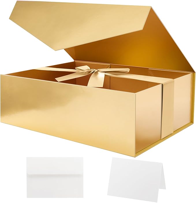 HAPPY POTATO Large Gift Box with Lid and Ribbon 11.5x8.1x3.8 Inches, Bridesmaid Proposal Box, Magnetic Gold Gift Box for Presents (Glossy Gold)