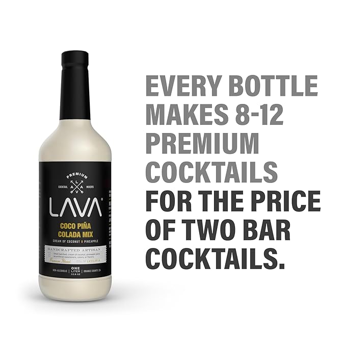 (3 Pack) LAVA Premium Coco Pina Colada Made with Cream of Coconut and Real Pineapple, No Artificial Sweeteners or Flavors, 1-Liter (33.8oz) Glass Bottle.