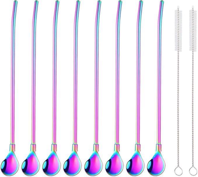 Straw Spoon, 8PCS 8.5inch Rainbow 18/8(304) Stainless Steel Metal Straws Reusable + 2 Brushes