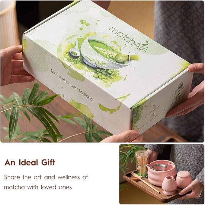 6 Pcs Matcha Set - Ceramic Bowl with Spout, Matcha Whisk with Holder, Tea Powder Canister, Sifter and Spoon, Complete Kit for Traditional Matcha, Modern Lattes, and Tea Ceremonies (Pink)