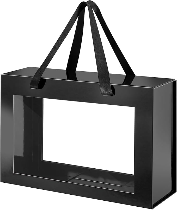 Large Black Clear Gift Box, 14x9x4.1 Inches, Window, Handle, Collapsible, Magnetic Closure, Groomsman Proposal, Bridal Shower, Valentine's Day, Anniversary, Birthday, Business Gifts, 1 Pack