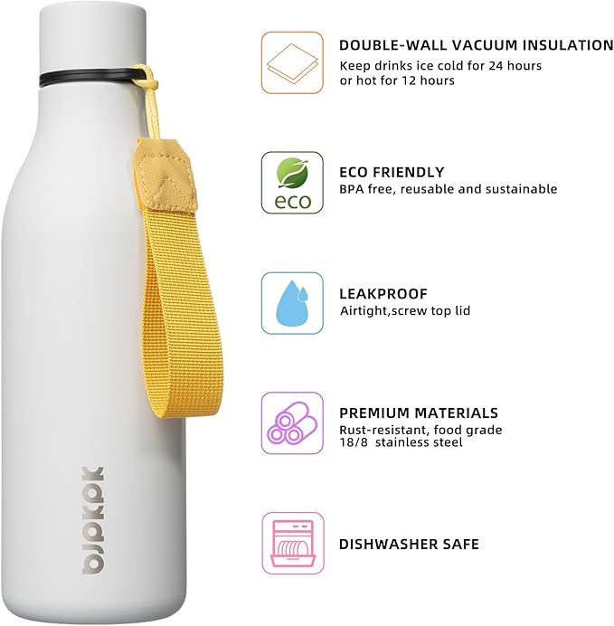 BJPKPK Insulated Water Bottles, 18 oz Stainless Steel Metal Water Bottle with Strap, BPA Free Leak Proof Thermos, Mugs, Flasks, Reusable Water Bottle for Sports & Travel, White