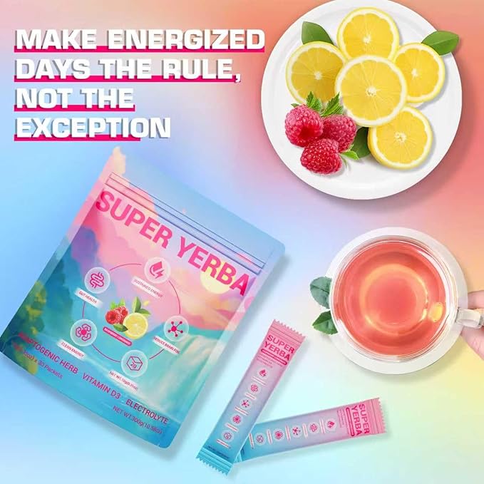 Super Yerba Mate Instant Tea Powder with Prebiotics & Probiotics - Raspberry Lemonade Flavor for Gut Health & Digestion, Natural Energy & Focus Boost, Antioxidant Rich Superfood, 30 Servings