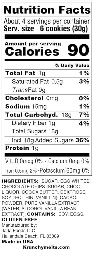 4 Pack Krunchy Melts Original Meringue Cookies | Chocolate Chip Flavor 4-Pack | Only 90 Calories Per Serving | Low Fat, Gluten Free, Dairy Free (4 Oz)