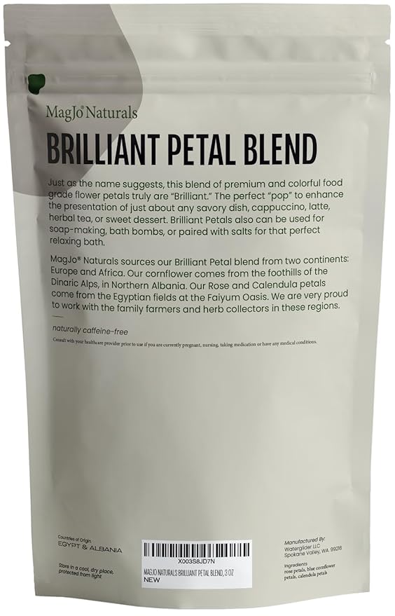 MagJo Naturals Brilliant Flower Petal Blend - Edible blend of calendula, blue cornflower and rose petals, all natural, food-grade, dried floral mix for baking, cocktails & garnish, Packaged in the USA