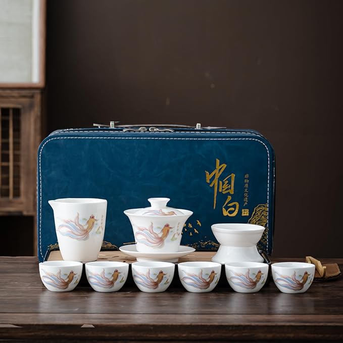 ICHAG Chinese Tea Set, Gongfu Tea Sets for Adults, China Gaiwan Teaset, 14-Piece Yangzhi Jade (茶具) Porcelain Set with Tea Pet, Portable Travel Teaset for Home, Outdoor, Office Gifts (White)