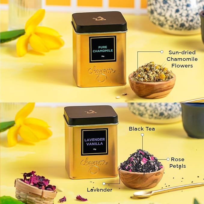 CHAYAM Floral Tea Set | Wellness Herbal Tea Gift Box – Lavender Vanilla (50g) & Pure Chamomile (30g) | Hamper for Mom, Friends & Family | Gift Set Combo