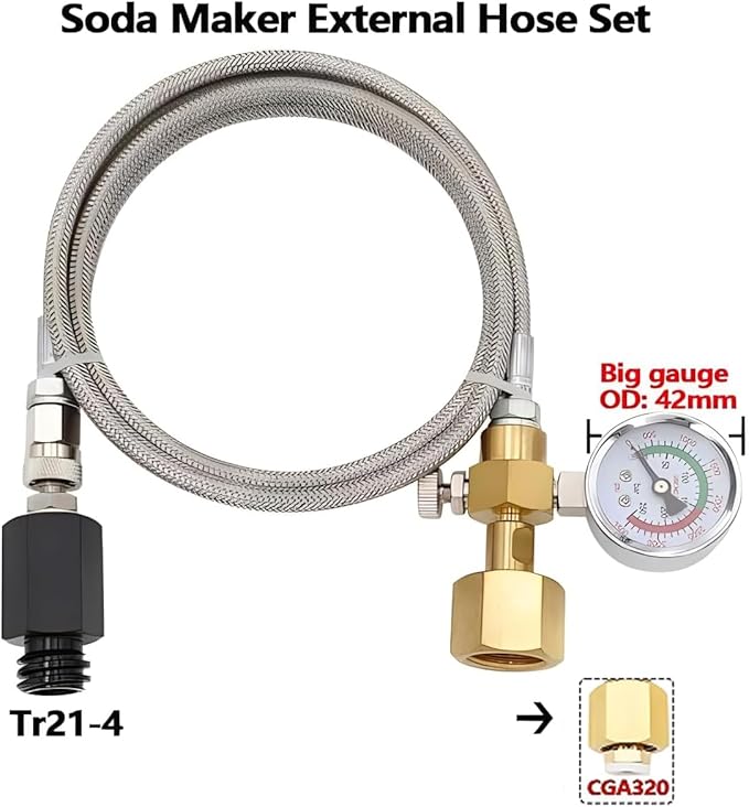 Upgraded Soda Machine Co2 Adapter Stainless Steel Hose with Larger Pressure Gauge, CGA320 Co2 Tank Direct Hose Adapter to Jet/One Touch/Fizzi/Aqua Fizz Soda Water Machine (60 inch)